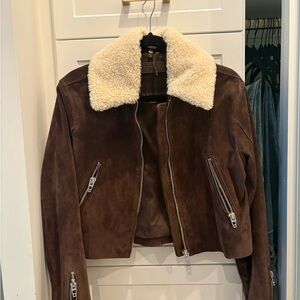 Blank NYC Brown Suede Bomber Jacket with Removable Cream Shearling Collar
